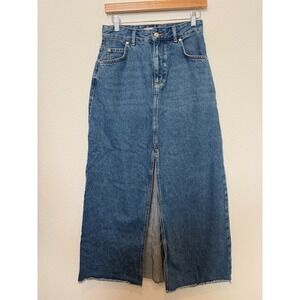 Pilcro Anthropologie Denim Maxi Skirt Blue Front Slit Raw Hem Size 6